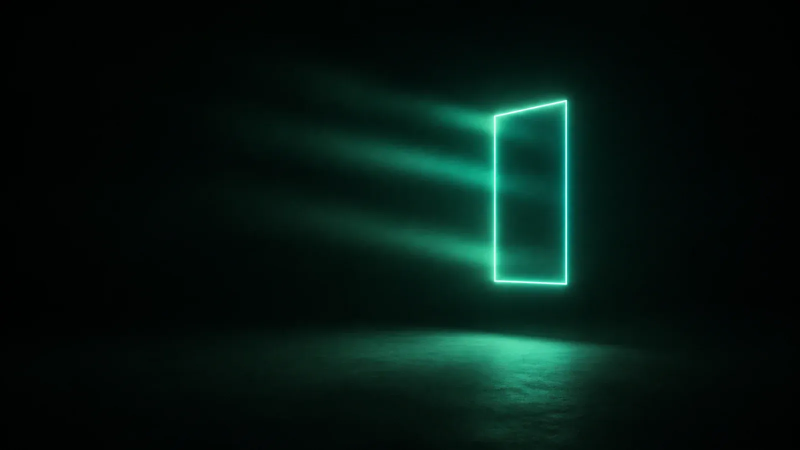 A single rectangular outline of teal light floating in a dark green void, with soft beams leaving it to one side.