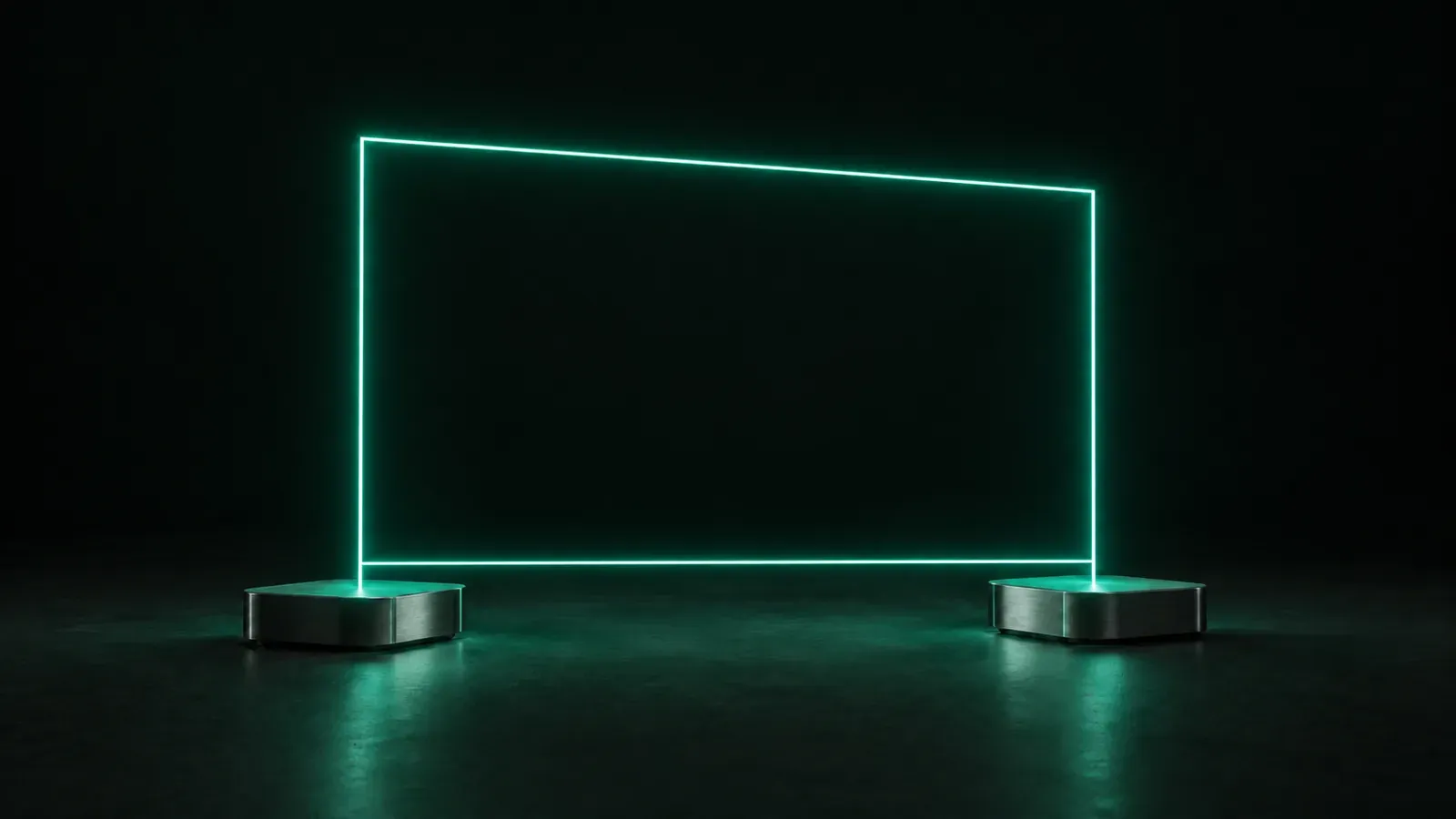 A glowing teal rectangular outline rises above two small aluminium boxes on a dark green surface.
