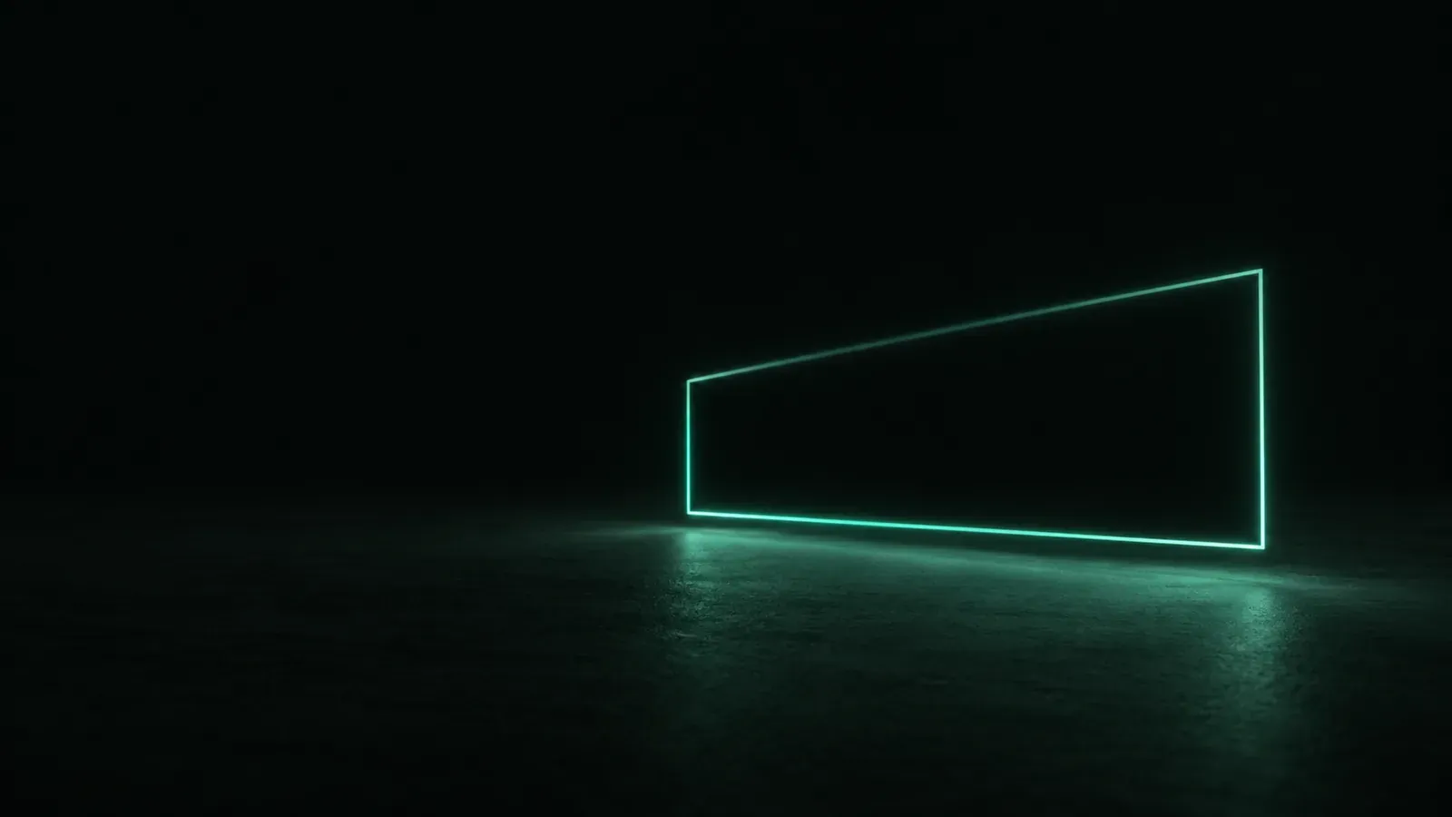 A single rectangular outline of teal light floats above a dark matte surface, casting a soft green glow.