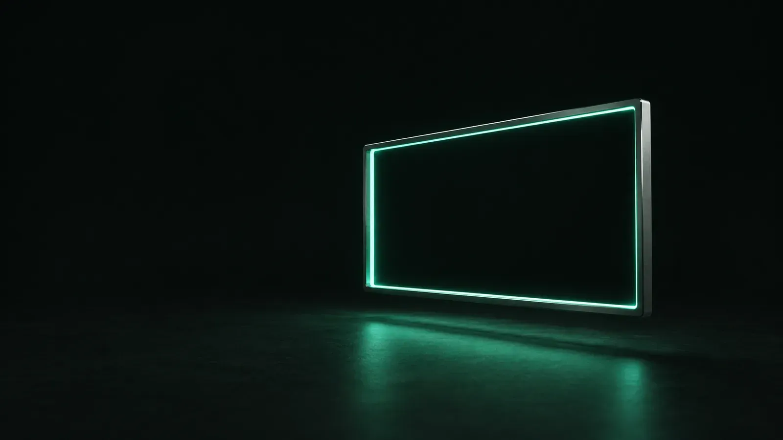 A thin rectangular metal frame edged in teal light floats above a dark green surface.