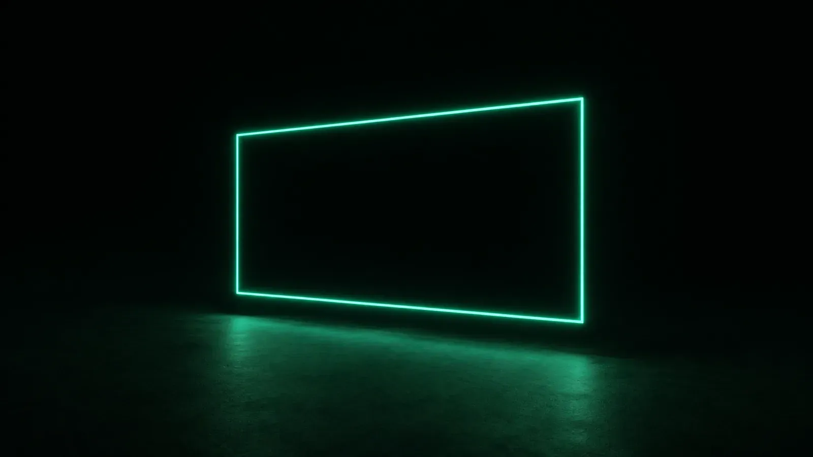 A luminous teal rectangular outline floats above a dark green matte surface, casting a soft glow.